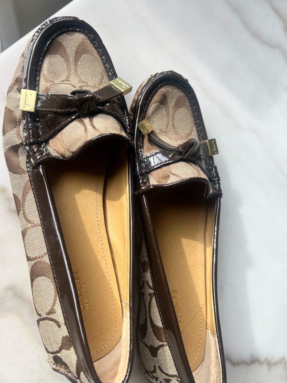 Coach Tan & Dark Brown Signature Canvas Loafers with Patent Trim